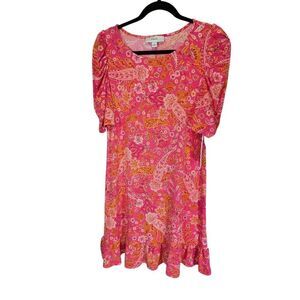 NWT CeCe Paisley-Print Shirred Scoop-Neck 3/4-Sleeve Knit Dress Women's Medium